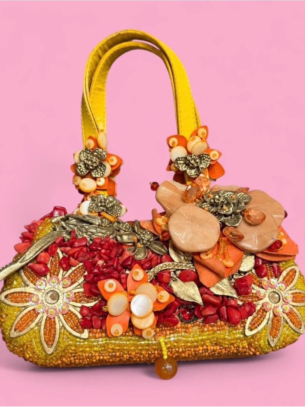 Vintage Ermo Collection Beaded 3D Floral Appliqué Mini Handbag Coral